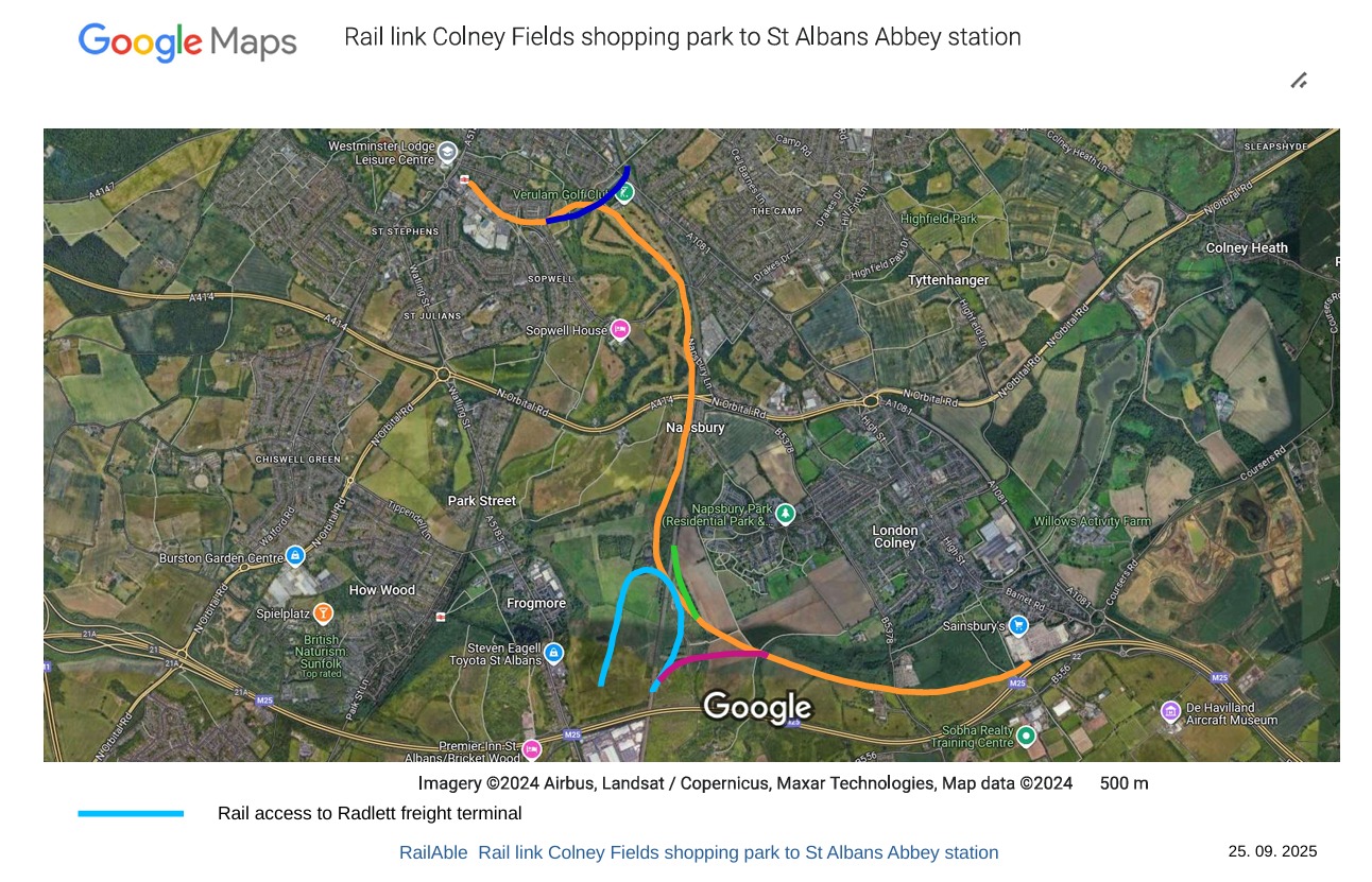 Rail link Colney Fields shopping park to St Albans Abbey station